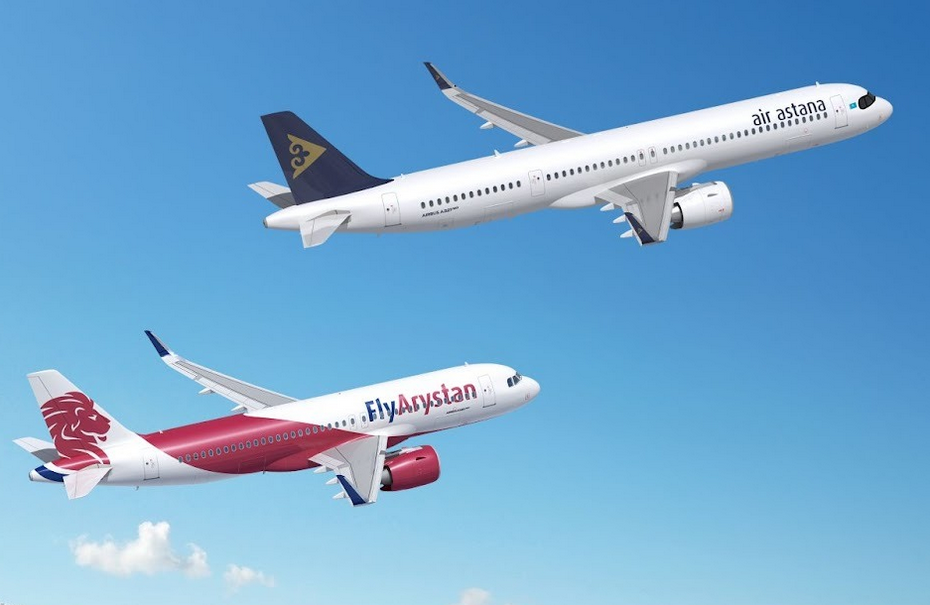 самолеты семейства Airbus A320neo в цветах авиакомпаний Air Astana и FlyArystan