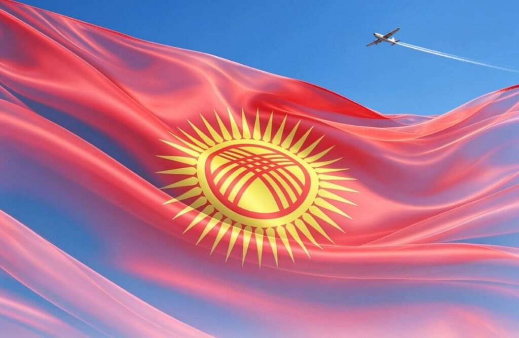 флаг Кыргызстана и самолет в небе