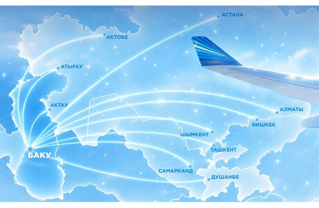 Карта полетов Azerbaijan Airlines из Баку в Центральную Азию