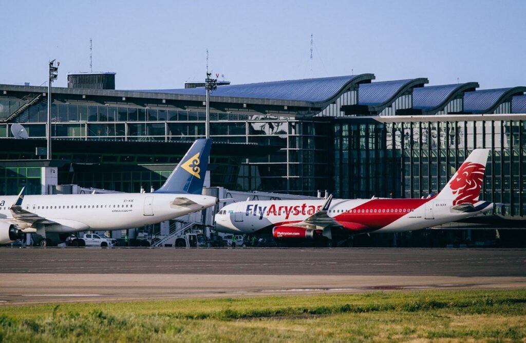 Air Astana and FlyArystan aircraft at Astana Airport in Kazakhstan