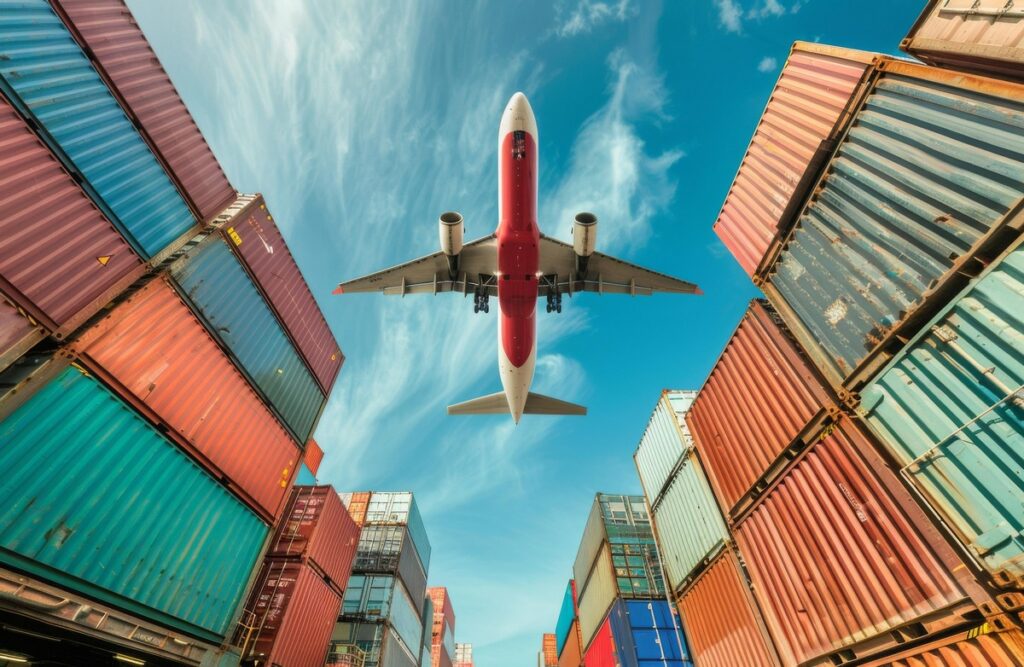 aircraft flying over freight containers