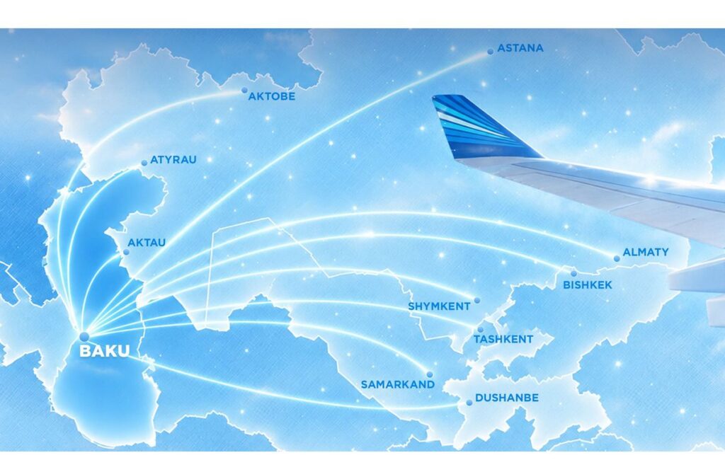 Azerbaijan Airlines' route map into Central Asia