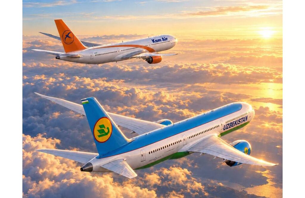 Rendering of Uzbekistan Airways and Kam Air aircraft in flight